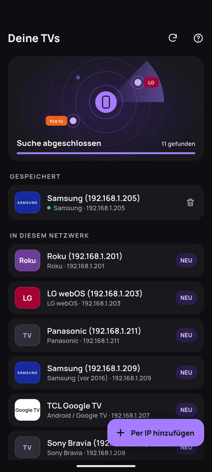 Suchbildschirm mit den im WLAN gefundenen Fernsehern