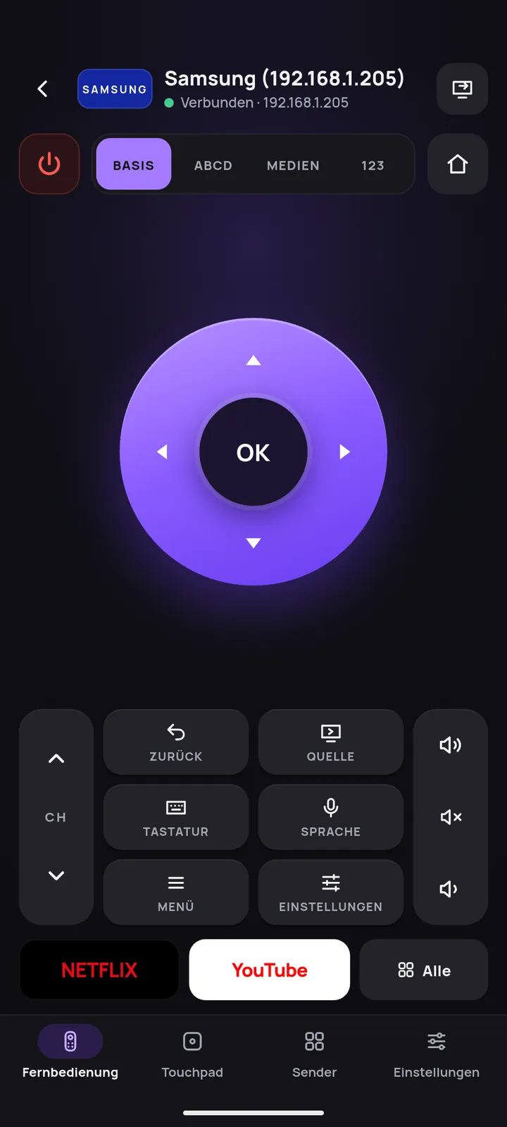 Remoto-Fernbedienung, verbunden mit einem Samsung-Fernseher, mit Steuerkreuz, Lautstärke, Programmtasten und App-Verknüpfungen