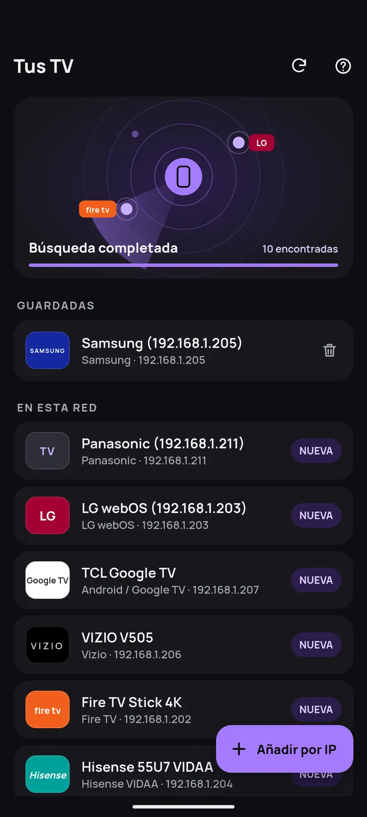 Pantalla de búsqueda con las TV encontradas en el Wi-Fi