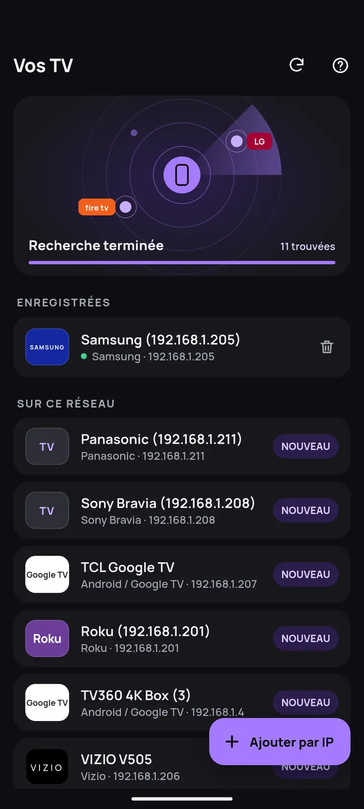 Écran de recherche listant les TV trouvées sur le Wi-Fi