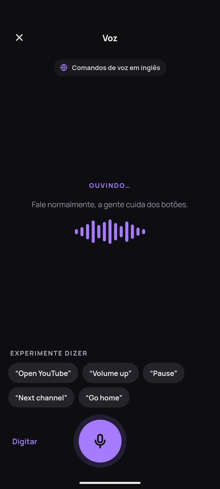 Tela de comandos de voz