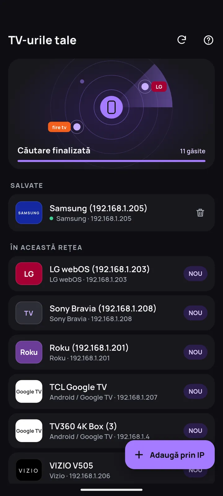 Ecranul de căutare cu televizoarele găsite în Wi-Fi